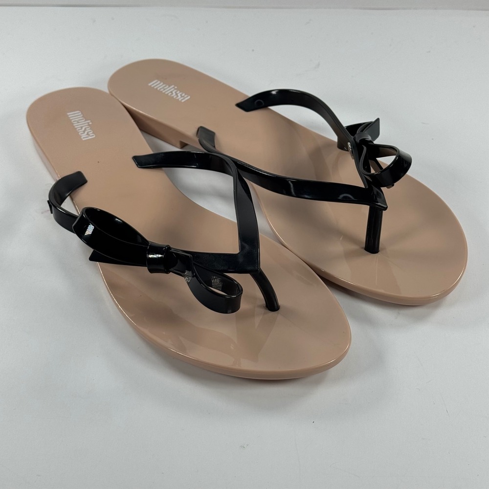 Melissa Harmonic Sweet Bow Thong Sandals Black Beige Vegan Jelly Flip Flops 10 - Picture 2 of 13